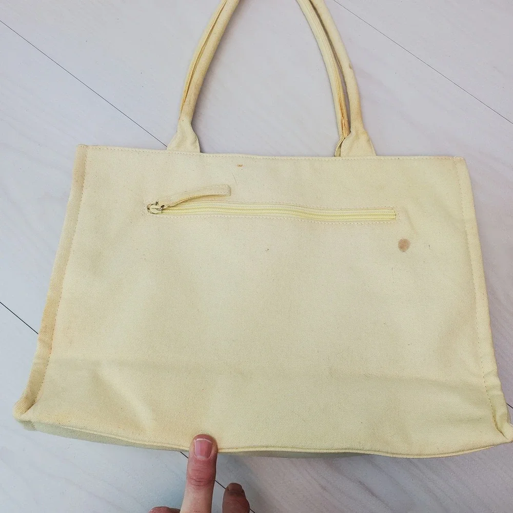 Canvas Tote Bag Embroidered Dog‎ Garden Scene Yellow Handles Snap Closure